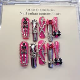 Gothic Punk Skeleton Rhinestone Press on Nails, Extra Long Coffin Pink Metal Charms Reusable False Nails for Daily Streetwear Decor Accessory