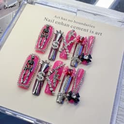 Gothic Punk Skeleton Rhinestone Press on Nails, Extra Long Coffin Pink Metal Charms Reusable False Nails for Daily Streetwear Decor Accessory