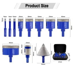 SHDIATOOL 11Pcs Diamond Drill Bit Sets Dia6-65mm Hole Saw Opener+50mm Chamfer Bit+25mm Milling Bit For Marble Tile Granite Tool