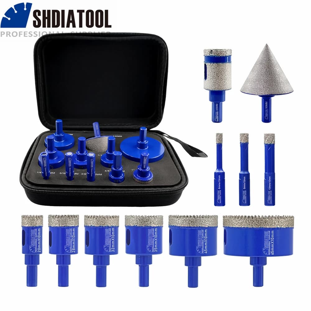 SHDIATOOL 11Pcs Diamond Drill Bit Sets Dia6-65mm Hole Saw Opener+50mm Chamfer Bit+25mm Milling Bit For Marble Tile Granite Tool