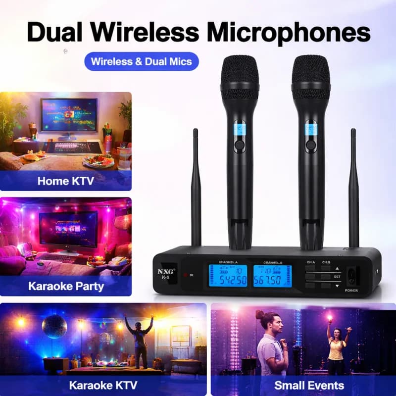NXG K-6 UNIVERSAL-1TO2 Dual Wireless Microphone Receiver Kit, Metal Mesh Mic Head, Matte Comfort Grip, Dual Signal Antennas, Crystal Clear Hi-Fi Audio, Zero Delay Sound, Multi-Scene Wireless Mic System for Family Singing, Live Show & Small Events