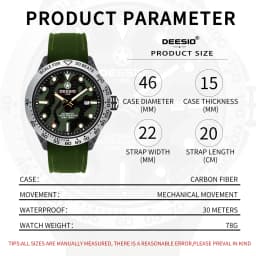 Dessio Men's Automatic Mechanical Watch | Upgrade Carbon Fiber Case Sturdy & Durable About 80g | 30M Waterproof | Luminous Dial | Date & Day Display | Trendy & Elegant Design for Business/Casual/Outdoor | Silicone Green Watch Strap | Lightweight & Sport |