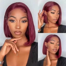 99J Burgundy Wine Red Bone Straight Short Bob Brazilian Virgin Human Hair Wig 13x4 HD Undetectable Lace Frontal Pre Plucked Baby Hair Bleached Knots Glueless Wear Go For Black Women