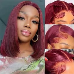 99J Burgundy Wine Red Bone Straight Short Bob Brazilian Virgin Human Hair Wig 13x4 HD Undetectable Lace Frontal Pre Plucked Baby Hair Bleached Knots Glueless Wear Go For Black Women