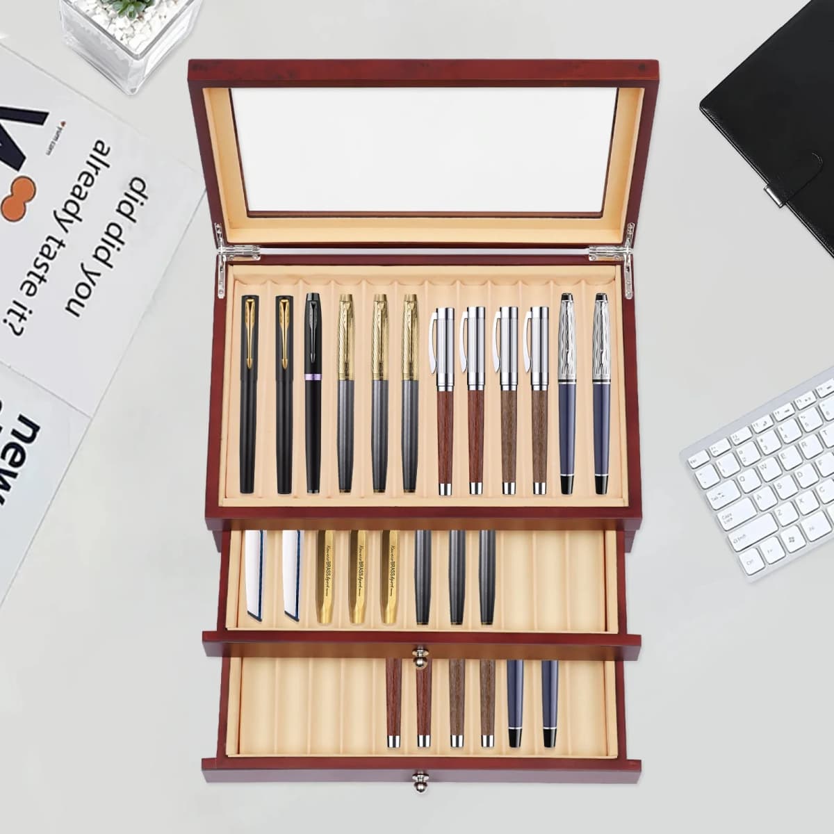 3 Layer Wood Pen Display Box, 34 Pen Organizer Box, Pen Display Storage & Fountain Pen Collector Organizer Box W/Glass Window
