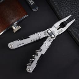 SOG 19 in 1 PowerLitre Mini Multi-tool Pliers 5 Inch Stainless Steel Folding EDC Pocket Knife With Wine Corkscrew Screwdriver Wire Cutter Scissors Can Bottle Opener For Camping Car Travel Survival Daily Carry, Portable Outdoor Emergency Repair Hand Tools