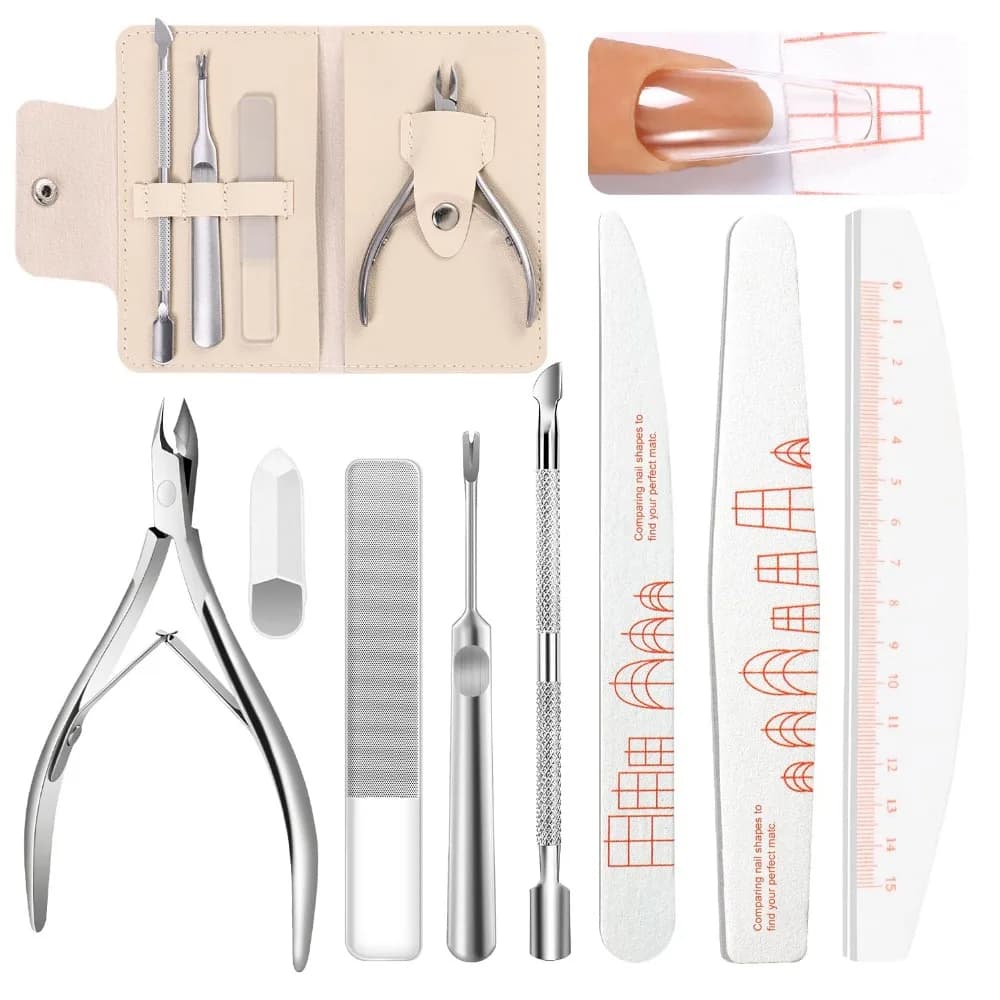 Stainless Steel Manicure Set: Nail Files, Buffers, Cuticle Nippers - Home & Salon Use