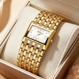 YaLaLuSi Gold Square Crystal Cuff Women Watch Glitter Dial Multi Texture Wide Bangle Elegant Party Ladies Quartz Wristwatch