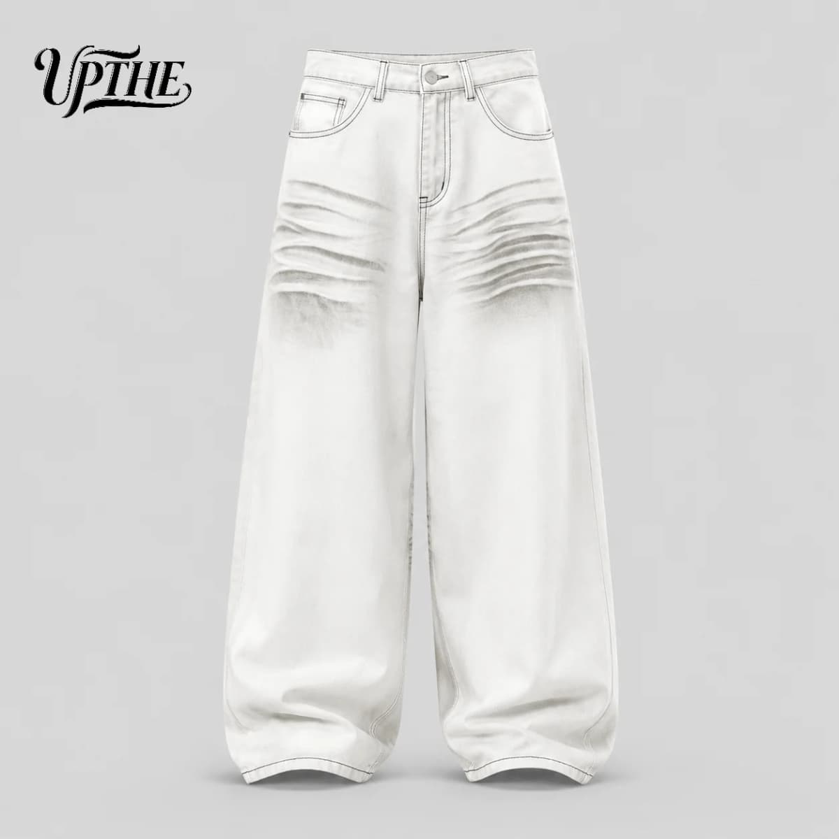 UP.THE Men White Gradient Washed Crinkle Baggy Wide Leg Jeans, Y2K Oversized Loose Distressed Denim Pants, Grunge Streetwear Trousers for Daily Outfits