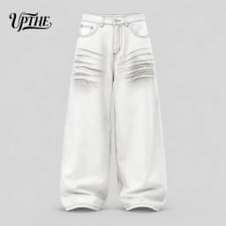 UP.THE Men White Gradient Washed Crinkle Baggy Wide Leg Jeans, Y2K Oversized Loose Distressed Denim Pants, Grunge Streetwear Trousers for Daily Outfits