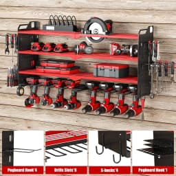 4 Layer Power Tool Organizer Wall Mount with Charging Station, Heavy Duty Tool Organization Rack, Screwdriver Storage, Tool Shelf, Power Tool Storage Rack With 8 Drill Holders, Garage Workshop Shelf for Tool Organization, Gifts for Men