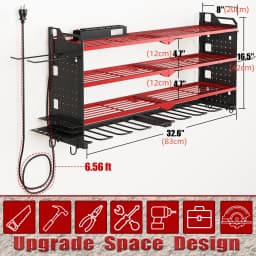 4 Layer Power Tool Organizer Wall Mount with Charging Station, Heavy Duty Tool Organization Rack, Screwdriver Storage, Tool Shelf, Power Tool Storage Rack With 8 Drill Holders, Garage Workshop Shelf for Tool Organization, Gifts for Men