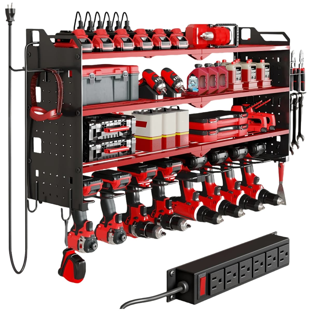 4 Layer Power Tool Organizer Wall Mount with Charging Station, Heavy Duty Tool Organization Rack, Screwdriver Storage, Tool Shelf, Power Tool Storage Rack With 8 Drill Holders, Garage Workshop Shelf for Tool Organization, Gifts for Men