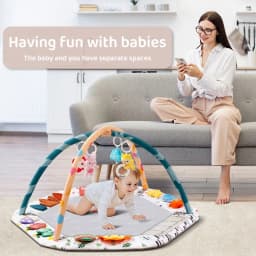 Large Baby Play Gym Mat with Sensory Toys 0-18 Months Tummy Time Activity Center with Rattles & Mirror Educational Infant Gift