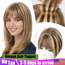 5cmx9cm Highlights Brown Human Hair Toppers With Bangs Women Clip in Hair Toppers for Thinning hair Brown Blonde Hairpieces