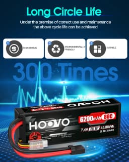 HOOVO 2Pcs 2S RC Battery 7.4V 80C 6200mAh Hard Case Lipo Battery with Tracxas Plug for RC Truck Truggy Buggy Tank RC Airplane