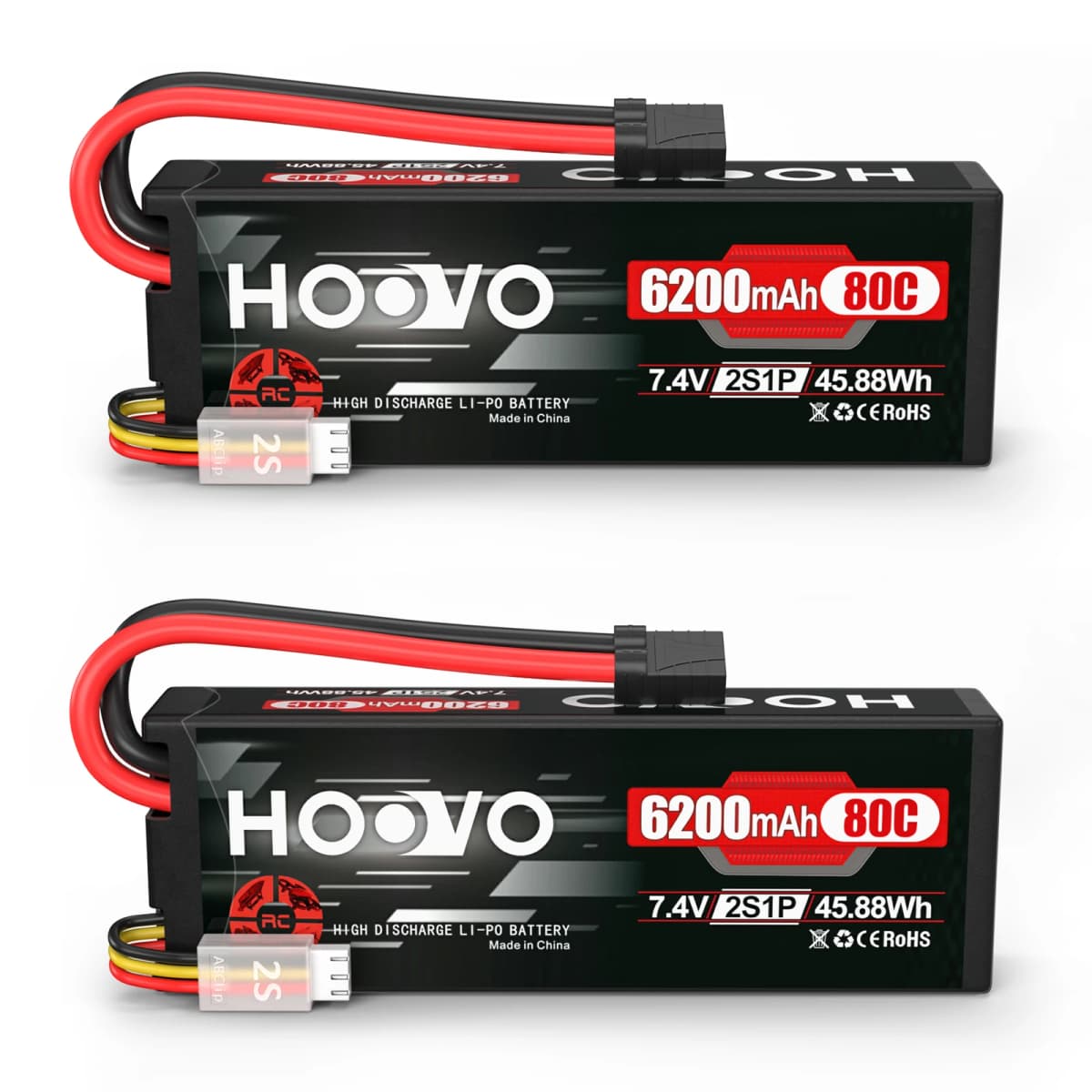 HOOVO 2Pcs 2S RC Battery 7.4V 80C 6200mAh Hard Case Lipo Battery with Tracxas Plug for RC Truck Truggy Buggy Tank RC Airplane