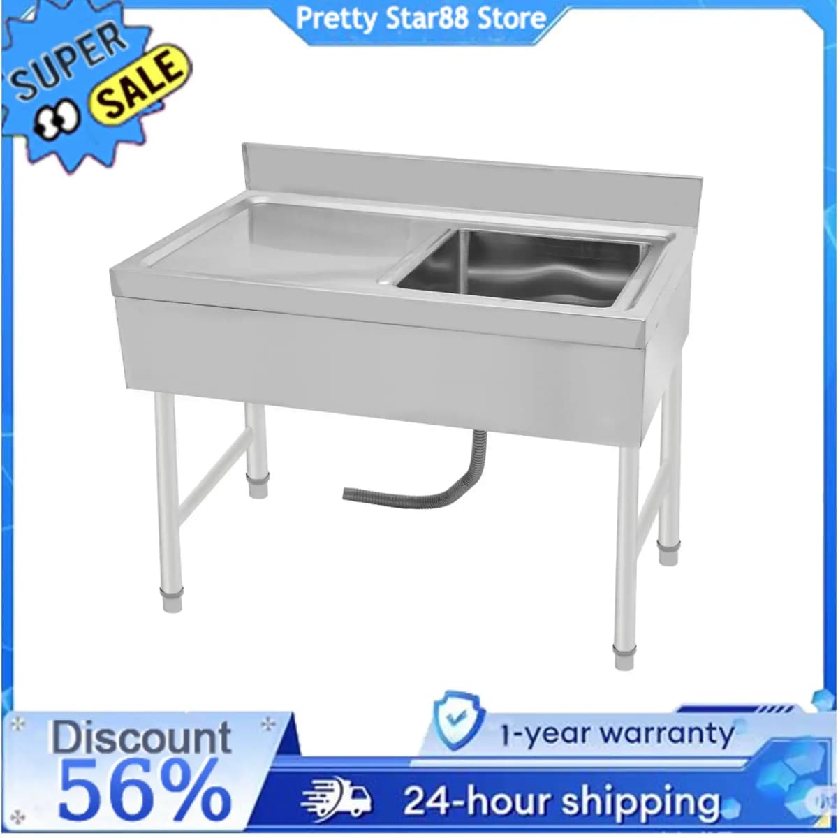 Freestanding Rectangular Silver Stainless Steel Sink 150kg Load Capacity Commercial Outdoor Sink for Homes/Restaurants