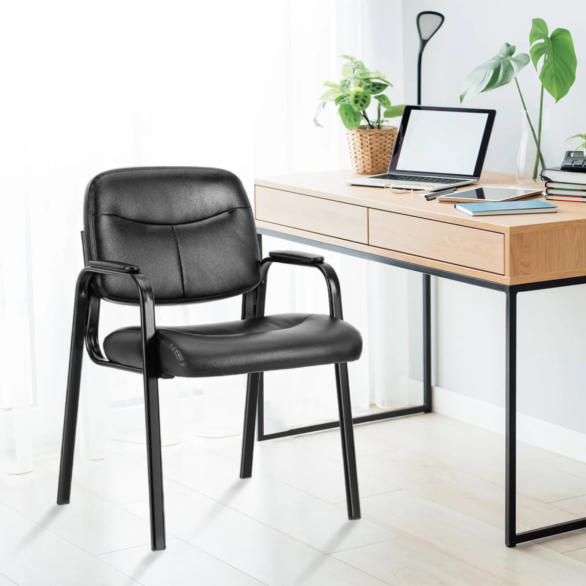 JHK Ergonomic Padded Backrest Leather Office Chair Waterproof PU Leather Conference Room Padded Sponge Cushion Arms Desk Chair