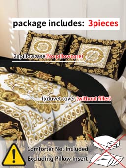 European-Style Black and Gold Digital Print Three-Piece Duvet Cover Set, Skin-Friendly and Breathable Bedding (1 Duvet Cover + 2 Pillowcases), Ultra-Soft Breathable Fabric, Skin-Friendly, Comfortable, Breathable, Machine Washable, Suitable for All Seasons, Elegant and Exquisite, Ideal Choice for Bedrooms and Guest Rooms