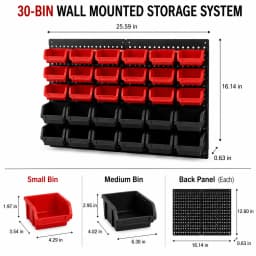 Wall Mounted Storage Bins Organizer Rack with 30 Dual Color Bins, Heavy Duty Plastic Hanging Parts Bin System, Garage Wall Hardware Holder for Screws Bolts Nuts Washers, Stackable Small Large Tool Containers for Workshop Shed DIY Craft Room