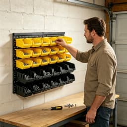Wall Mounted Storage Bins Organizer Rack with 30 Dual Color Bins, Heavy Duty Plastic Hanging Parts Bin System, Garage Wall Hardware Holder for Screws Bolts Nuts Washers, Stackable Small Large Tool Containers for Workshop Shed DIY Craft Room