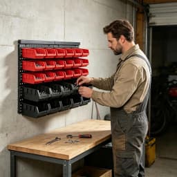 Wall Mounted Storage Bins Organizer Rack with 30 Dual Color Bins, Heavy Duty Plastic Hanging Parts Bin System, Garage Wall Hardware Holder for Screws Bolts Nuts Washers, Stackable Small Large Tool Containers for Workshop Shed DIY Craft Room