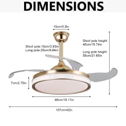 42 Inch Ceiling Fan Speed 3 Color with Remote Control Temperature 3000K-6000K Dimmable LED Reversible Quiet Motor Gold Ceiling Fan Lamp for Bedroom Living Room Kitchen Home