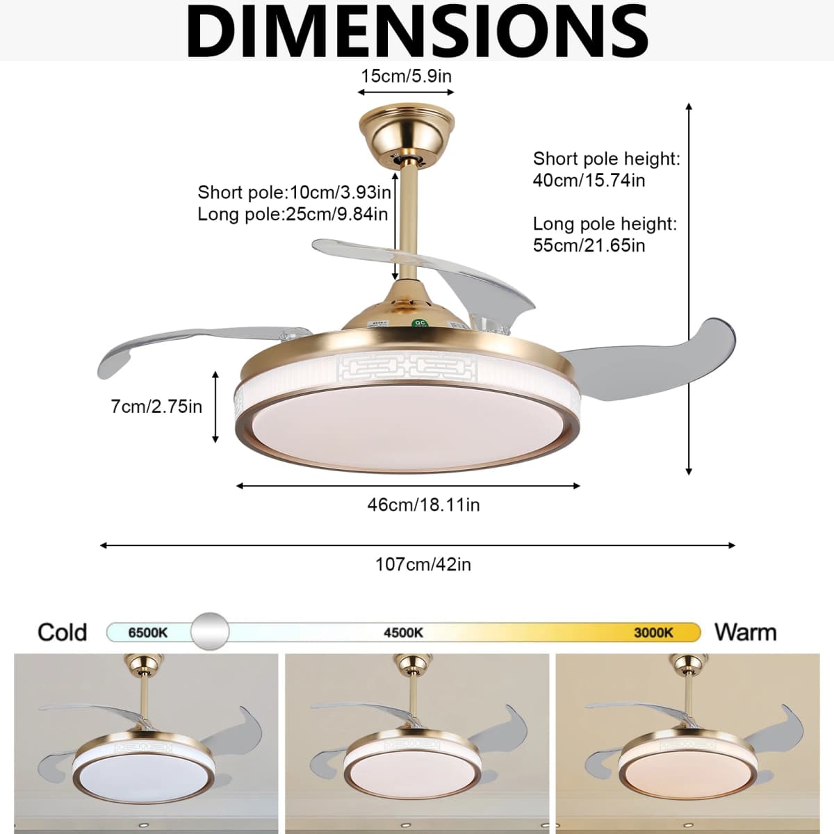 42 Inch Ceiling Fan Speed 3 Color with Remote Control Temperature 3000K-6000K Dimmable LED Reversible Quiet Motor Gold Ceiling Fan Lamp for Bedroom Living Room Kitchen Home