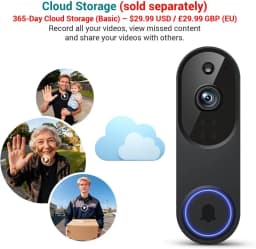 Smart Video Doorbell Camera 1080p WiFi, AI Human Detection, Night Vision, 2-Way Audio, Cloud Storage, Battery Powered, Indoor/Outdoor