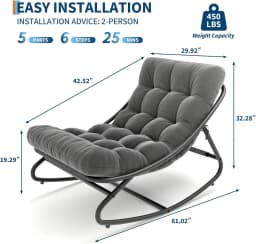 Papasan Rocking Chair Outdoor - Comfy Rocking Chair with Metal Frame, Adjustable Papasan Chair with Waterproof Cushion, 400lbs Capacity for Patio Porch Garden