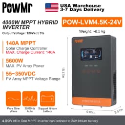PowMr USA 4000W 24V Hybrid Solar Inverter Charger 100/110/120V AC Pure Sine Wave 140A MPPT Charger Max 5600W PV 55-350V DC Off Grid Inverter for Lead Acid AGM Gel Lithium Battery Home Emergency Solar Power System
