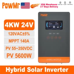 PowMr USA 4000W 24V Hybrid Solar Inverter Charger 100/110/120V AC Pure Sine Wave 140A MPPT Charger Max 5600W PV 55-350V DC Off Grid Inverter for Lead Acid AGM Gel Lithium Battery Home Emergency Solar Power System