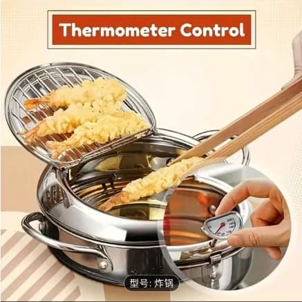 Japanese Tempura Deep Fryer Pot - 304 Stainless Steel with Built-in Thermometer & Oil Drip Rack, Non-Stick, Safe for Gas & Induction Cookers