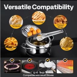 Japanese Tempura Deep Fryer Pot - 304 Stainless Steel with Built-in Thermometer & Oil Drip Rack, Non-Stick, Safe for Gas & Induction Cookers