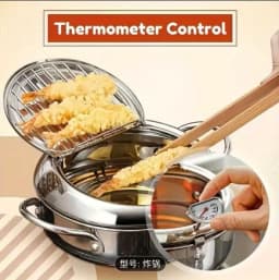 Japanese Tempura Deep Fryer Pot - 304 Stainless Steel with Built-in Thermometer & Oil Drip Rack, Non-Stick, Safe for Gas & Induction Cookers