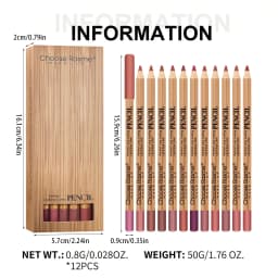 12-color lip liner set, wooden design, can be sharpened, matte nude shades, easy-to-apply lipstick liners