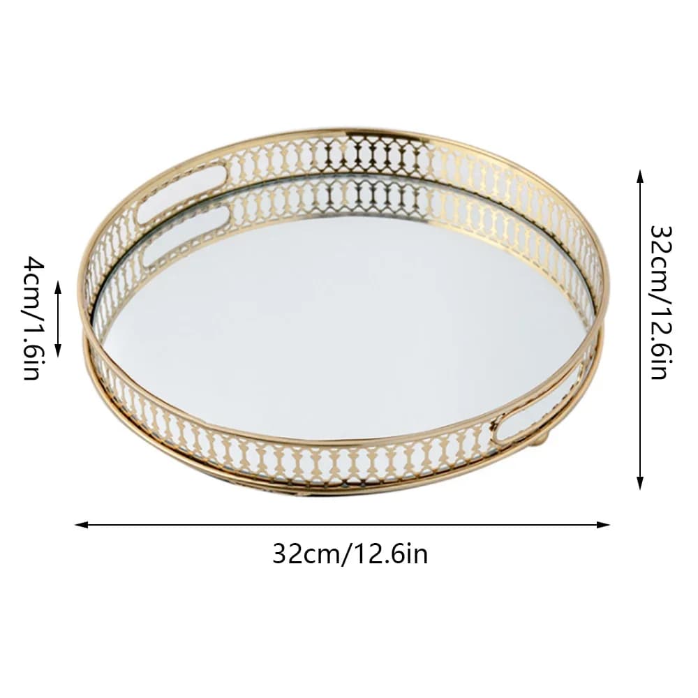 NEW 32cm Tray, Mirror Tray, Metal Decorative Tray, Candle Storage Organiser, Gold, Round Mirrored Tray for Birthdays, Weddings