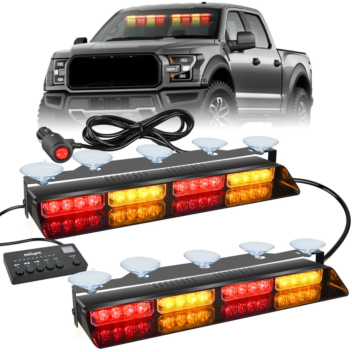 Nilight 32LED Emergency Dash Strobe Lights with Controller Suction Cups Warning Hazard Windshield Deck Split Light Bar for Truck
