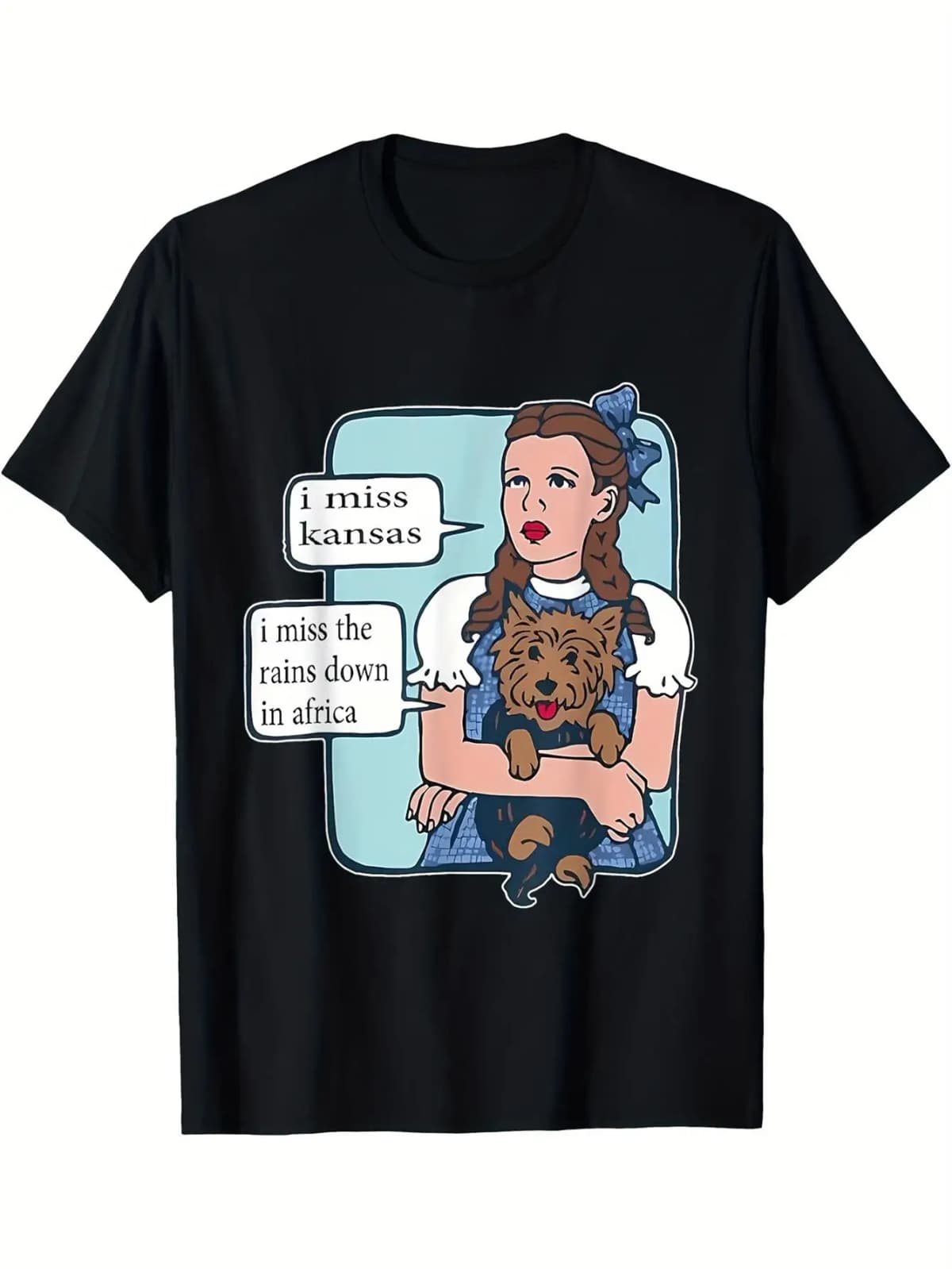 Funny Kansas & African Rain Jokes T-Shirt - "I Miss Kansas" Graphic Tee with Woman & Dog - Soft Stretchy Fabric Casual Shirt