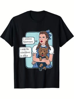 Funny Kansas & African Rain Jokes T-Shirt - "I Miss Kansas" Graphic Tee with Woman & Dog - Soft Stretchy Fabric Casual Shirt