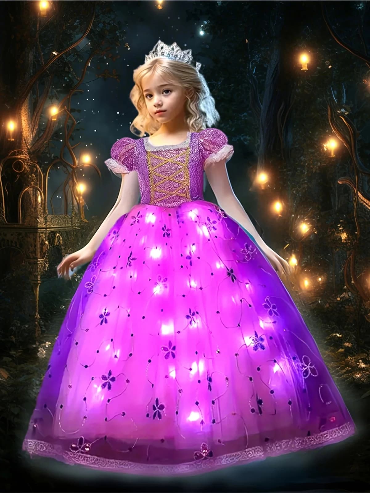 Girls Princess Costume Kid Carnival Dress Cosplay Floral LED Light Up Clothing Halloween Girls Christmas Party