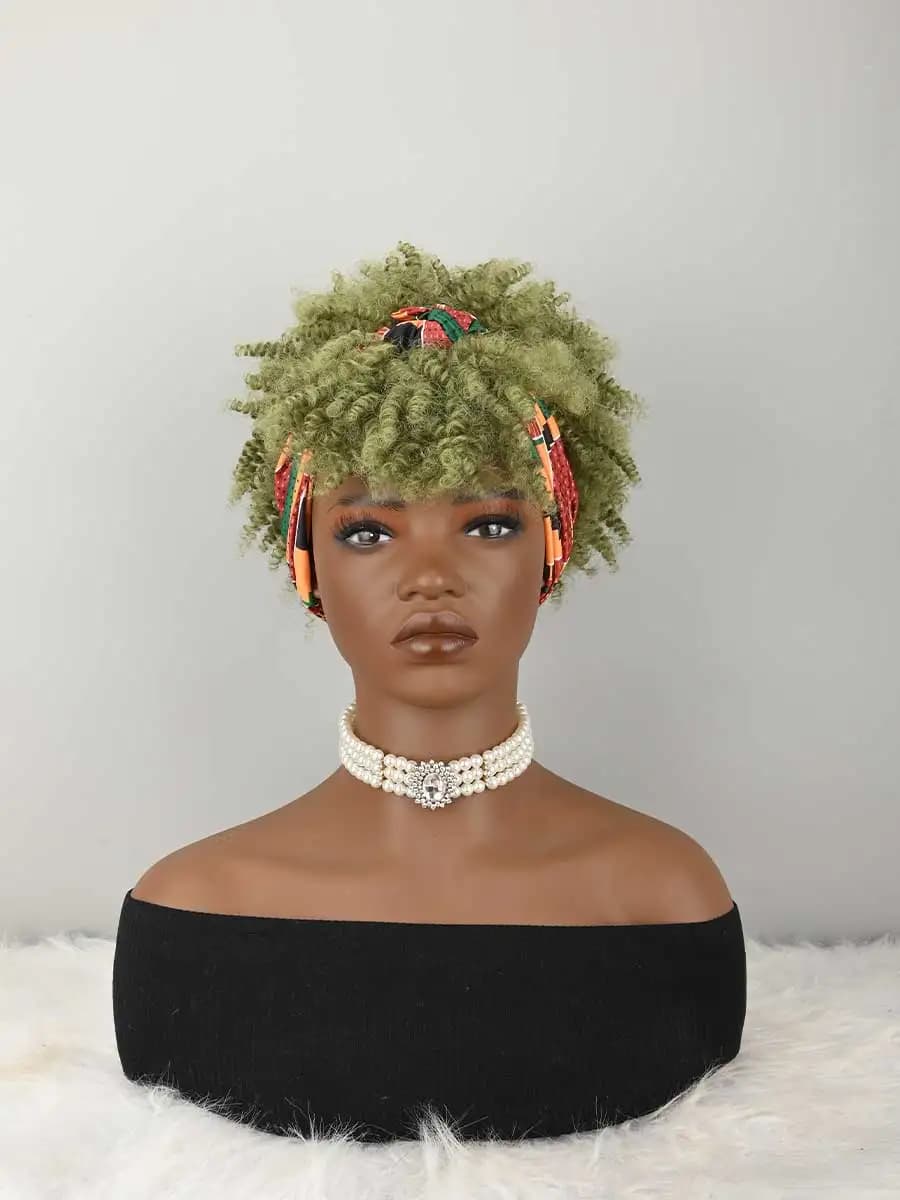 Headband Wig Curly Headband Wig With Bangs For Women Synthetic Afro Curly Hair Wig With Headband Attached Short Kinky Curly Afro High Puff With Bangs Stripes Short Red Curly Wigs with Bangs for Women, Natural Wavy Synthetic Wig, Fluffy Pixie Cut