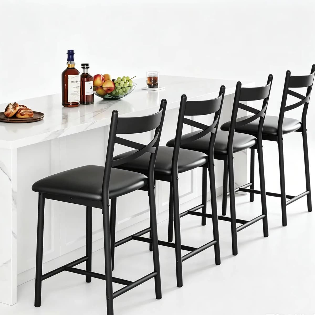 26 Inch Bar Stools Set of 4, Counter Height Bar Chairs with Back and Thick Cushion, Upholstered Dining Chairs with Padded Seat, Barstools for Kitchen Island, Bar, Dining Room, Modern Black