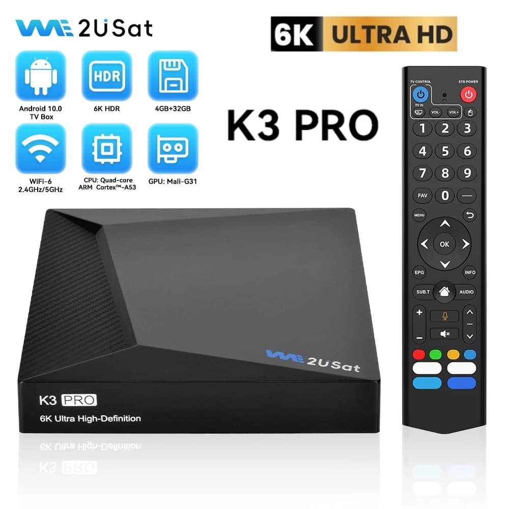 We2uSat K3 Pro+ 6K HDR Android10 TV Box H.265 10bit Build in WiFi-6 2.4GHz/5GHz+BT 5.0,4GB+32GB Comparison With Vseebox V5 Pro