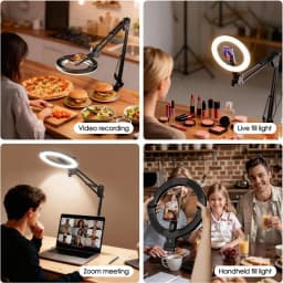Magnetic Overhead Phone Mount with 10” Ring Light, 5000mAh Flexible Articulating Circle Lamp Table Tripod, Phone Stand for Video Recording Cooking Nail, Zoom Meeting