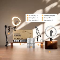 Magnetic Overhead Phone Mount with 10” Ring Light, 5000mAh Flexible Articulating Circle Lamp Table Tripod, Phone Stand for Video Recording Cooking Nail, Zoom Meeting