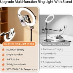 Magnetic Overhead Phone Mount with 10” Ring Light, 5000mAh Flexible Articulating Circle Lamp Table Tripod, Phone Stand for Video Recording Cooking Nail, Zoom Meeting