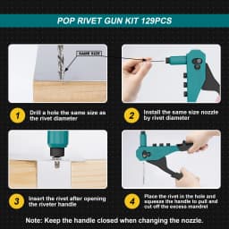 Rivet Gun Kit, Pop Rivet Gun, Heavy Duty Rivet Tool, Professional Hand Riveter, Manual Riveting Tool with 120 Blind Rivets, 4 HSS Drill Bits, 4 Tool-free Interchangeable Heads