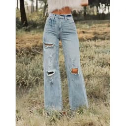 Women High Waist Ripped Wide Leg Jeans Vintage Light Wash Distressed Hole Denim Pants Streetwear Baggy Loose Fit Flare Jeans Y2K Grunge Aesthetic Casual Daily Trousers For Ladies